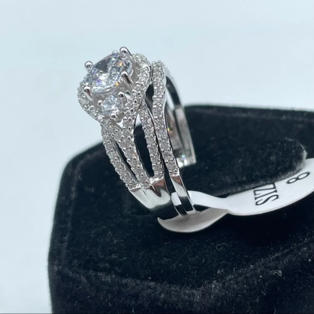 New 925 Sterling Silver CZ Diamond Bridal Wedding Ring Set Halo 2 Band